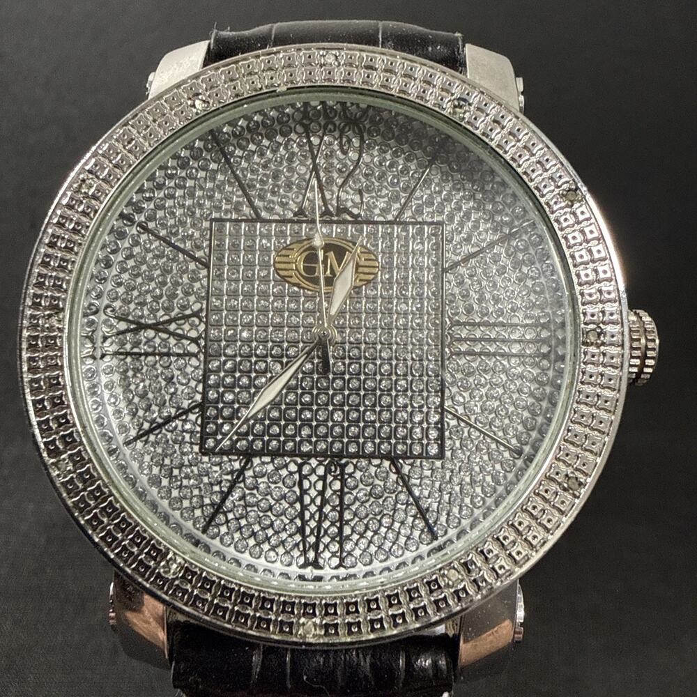 Grand Master Men’s Dmd Watch Silver Tone Iced Out Blk Leather New Battery (B8)
